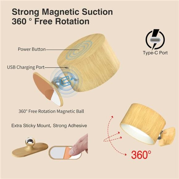 LED Wall Sconce, Wall Mounted Lamp with Rechargeable Battery Operated USB Port - Picture 4 of 7